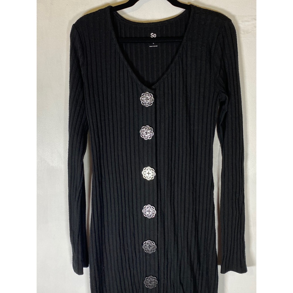 Black Ribbed Sweater‎ Dress Long Sleeve Faux Button Bodycon Whimsigoth Gothic S